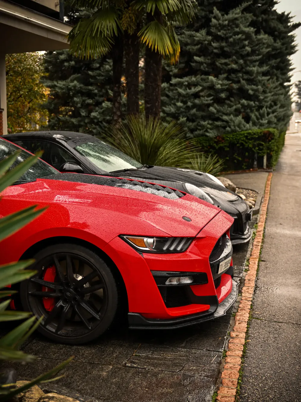 Una Ford Mustang Shelby rossa e una Porsche nera sotto la pioggia, davanti al garage